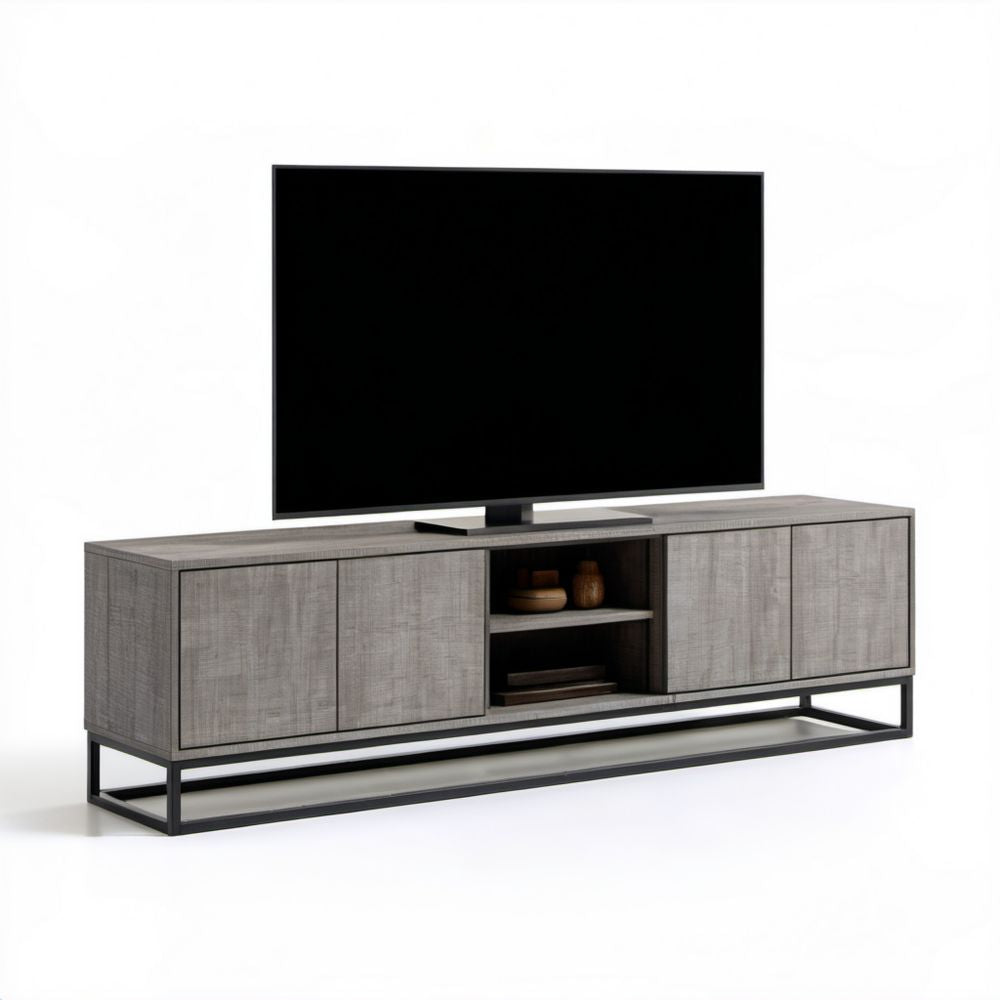 Szara szafka RTV z płyty MDF laminowanej na stalowym stelażu 180 × 40 × 60 cm