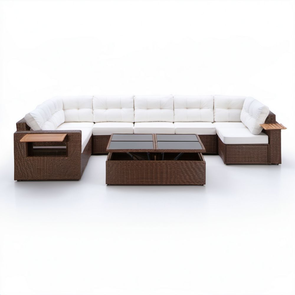 6-osobowy modułowy zestaw sof ogrodowych z technorattanu ze stolikiem 300 x 220 x 70 cm brązowo-biało-ciemnoszary