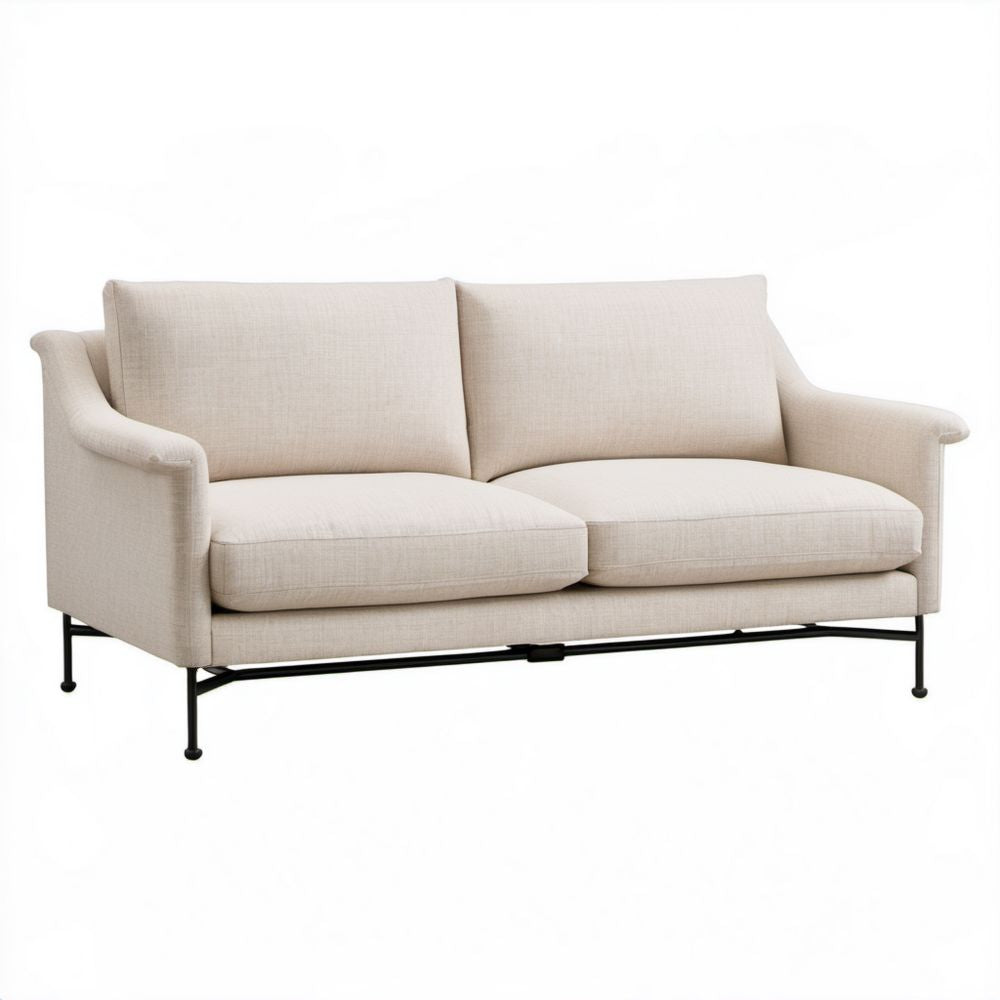 Sofa dwuosobowa beżowa z tapicerką poliestrową na czarnych stalowych nogach, 165 x 86 x 82 cm