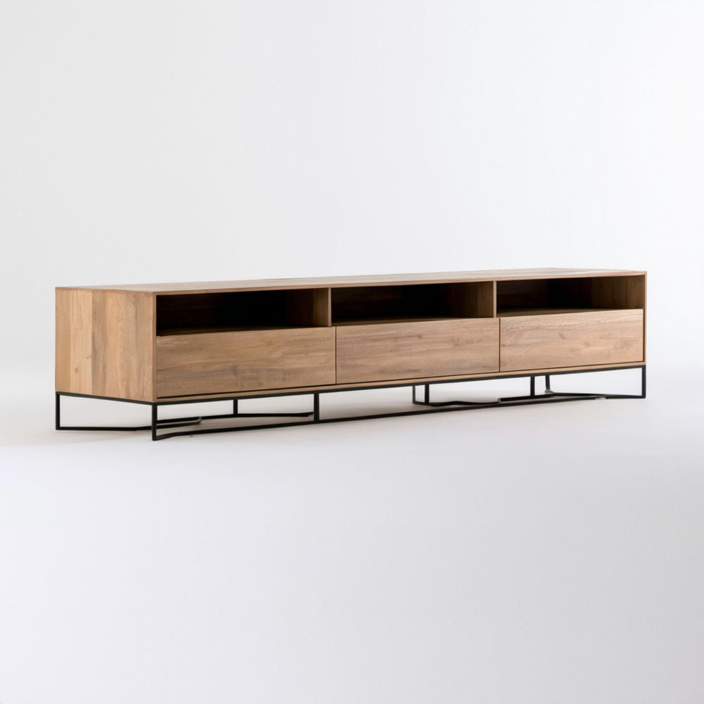 Szafka RTV z laminowanej płyty w dekorze dębu, 3 szuflady, 180 × 40 × 50 cm, dąb/czarny