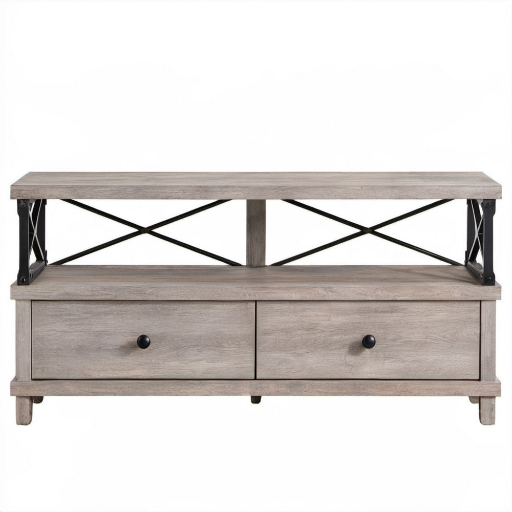 Szara szafka RTV z płyty MDF i stali 120 x 40 x 60 cm z 2 szufladami