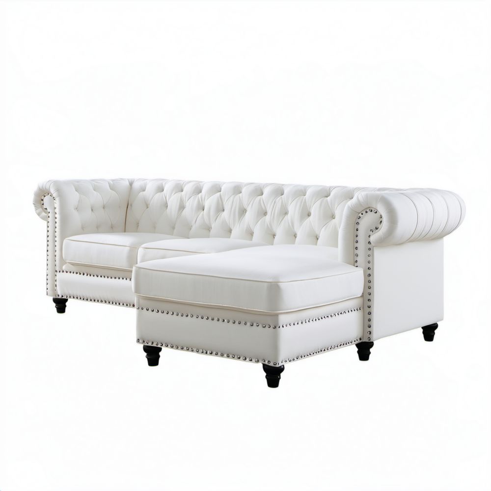 Biała pikowana sofa narożna z szezlongiem, tapicerka PU, 285 × 165 × 75 cm