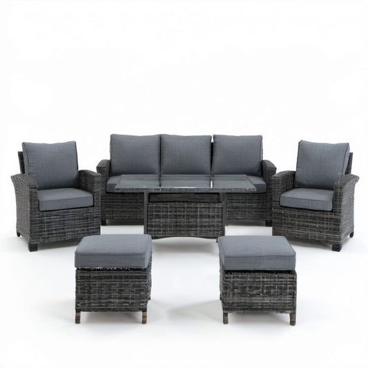 6-częściowy ogrodowy zestaw wypoczynkowy z technorattanu, ciemnoszary z szarymi poduszkami, sofa 180 x 70 x 75 cm
