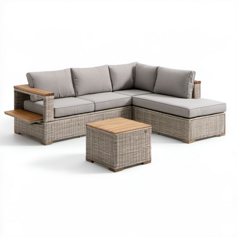 Ogrodowa sofa narożna z technorattanu ze stolikiem, jasnoszara i naturalnie brązowa, 230 x 175 x 78 cm
