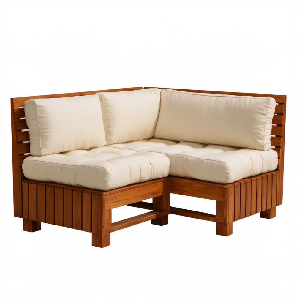 2-osobowa narożna sofa ogrodowa z litego drewna akacjowego, brązowo-kremowa, 140 x 60 x 60 cm