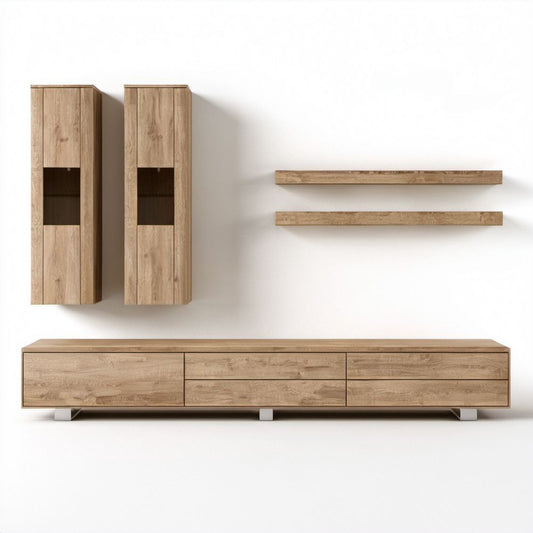 Zestaw mebli RTV z szafką 200 x 40 x 45 cm, 2 szafkami wiszącymi 40 x 30 x 120 cm i 2 półkami 120 x 20 x 20 cm, dąb naturalny, płyta wiórowa laminowana