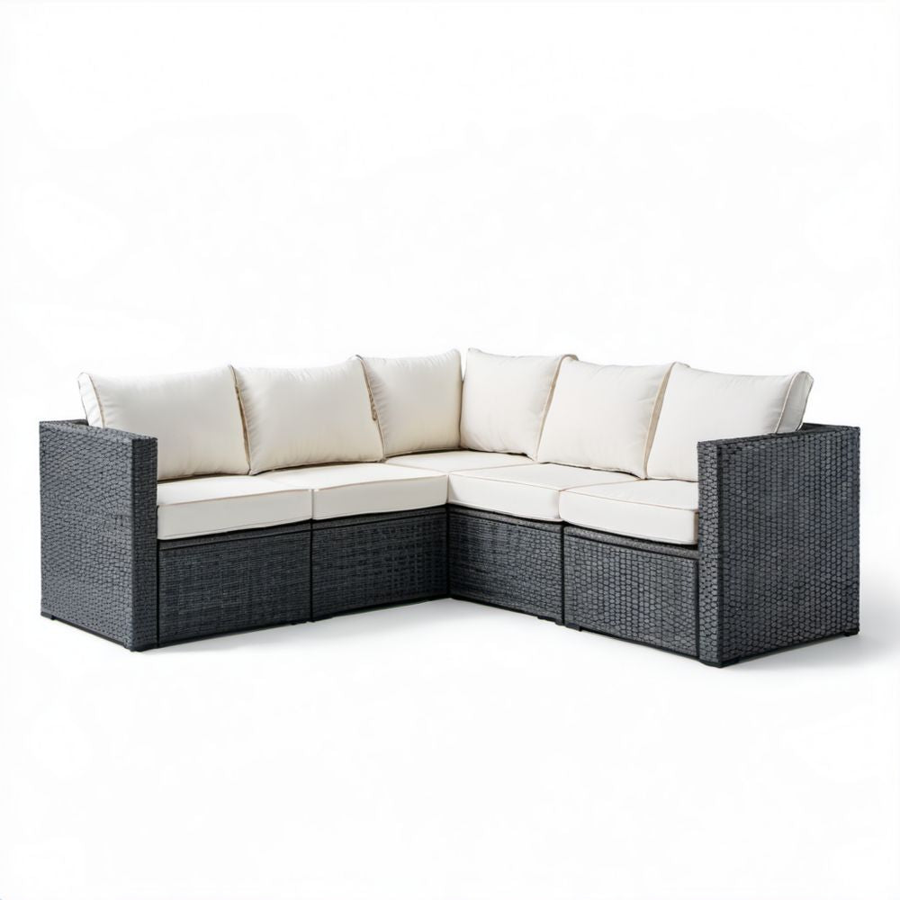 5-osobowa narożna sofa ogrodowa z technorattanu grafitowa z kremowymi poduszkami, 250 × 250 × 70 cm