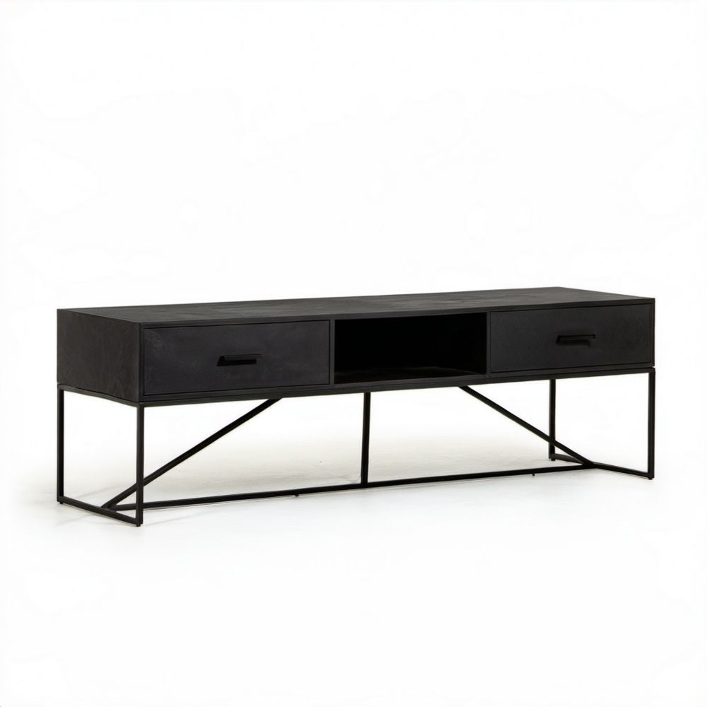 Czarna szafka RTV z płyty MDF i stali 160 x 40 x 55 cm