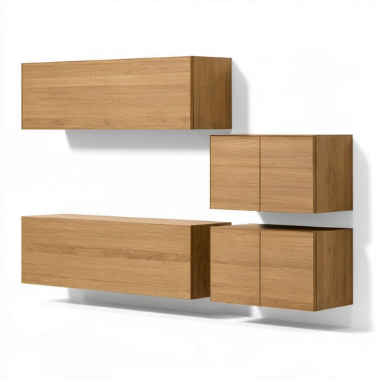 Zestaw 4 wiszących szafek RTV z płyty wiórowej laminowanej, dąb naturalny, 2 × 140 × 35 × 30 cm i 2 × 80 × 60 × 30 cm