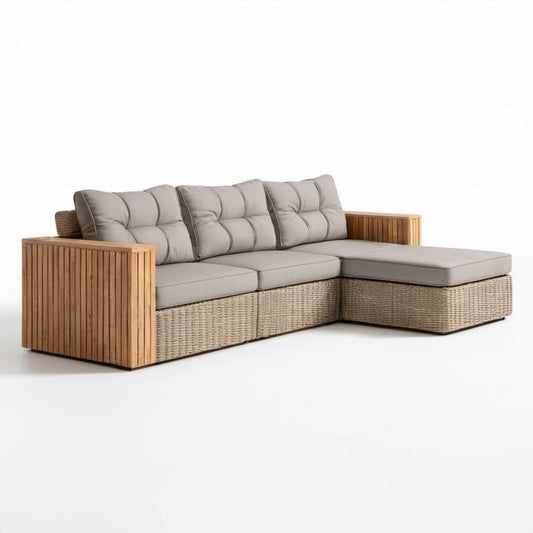 Narożna sofa ogrodowa z leżanką prawostronną z rattanu PE i drewna akacjowego, beżowo-jasnoszara, 250 x 160 x 78 cm