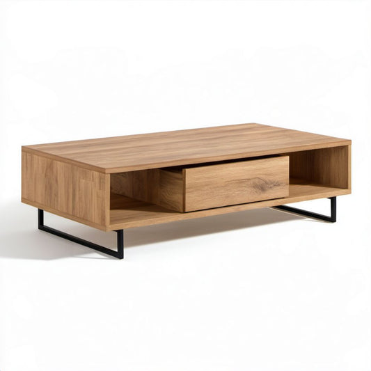 Prostokątny stolik kawowy z szufladą, dąb naturalny/czarny, płyta MDF fornirowana, 120 x 60 x 40 cm