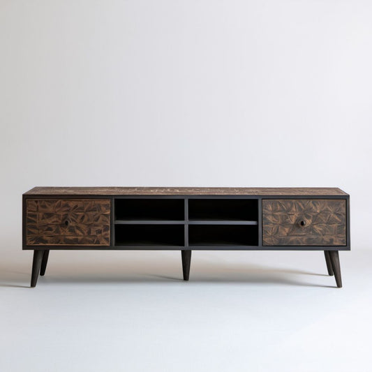 Drewniana szafka RTV ciemnobrązowo-czarna 180 × 40 × 60 cm z 2 drzwiczkami i 2 półkami
