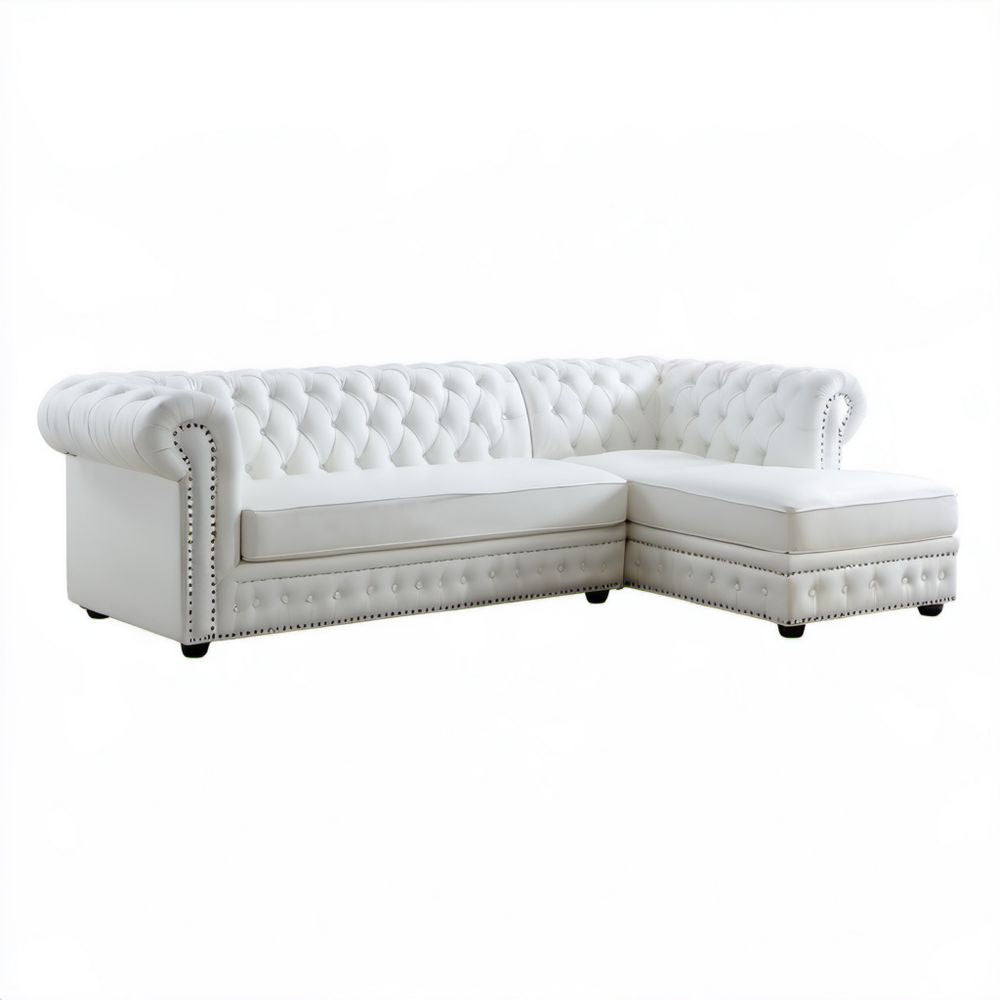 Biała sofa narożna Chesterfield ze skóry syntetycznej, szezlong po prawej stronie, 260 x 170 x 78 cm