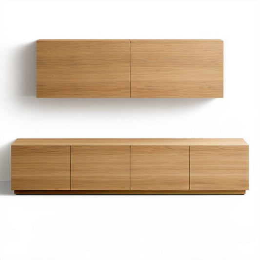 Zestaw szafek RTV MDF z fornirem dębowym, naturalny dąb – szafka dolna 220 x 45 x 48 cm i szafka wisząca 160 x 35 x 55 cm
