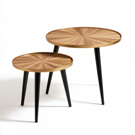 Zestaw 2 okrągłych stolików kawowych z MDF i stali, Ø80 × 50 cm oraz Ø60 × 45 cm, brązowo-złoto-czarny