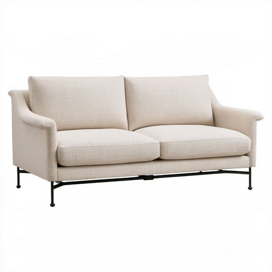 Sofa dwuosobowa beżowa z tapicerką poliestrową na czarnych stalowych nogach, 165 x 86 x 82 cm