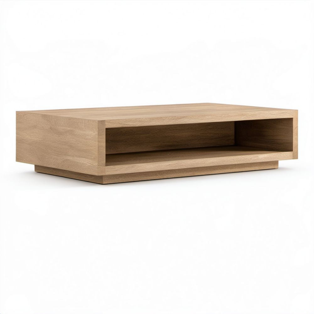 Prostokątny stolik kawowy z płyty MDF w kolorze jasnego dębu, 120 × 60 × 35 cm, z otwartą półką