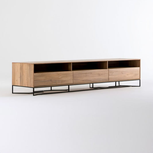 Szafka RTV z laminowanej płyty w dekorze dębu, 3 szuflady, 180 × 40 × 50 cm, dąb/czarny
