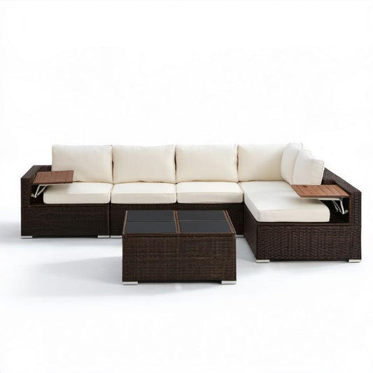 Ogrodowy zestaw mebli z technorattanu – sofa narożna ze stolikiem, brązowo-kremowy, 280 × 200 × 65 cm