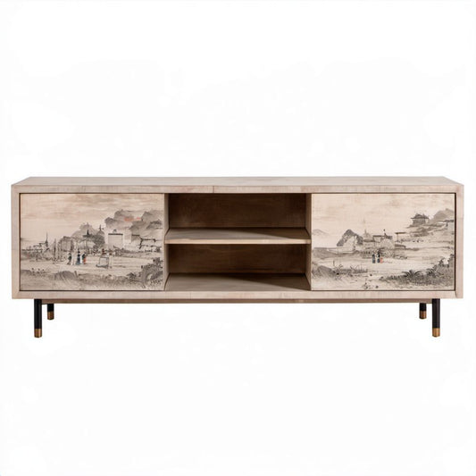 Beżowa szafka RTV z płyty MDF 180 x 40 x 60 cm, 2 drzwi przesuwne