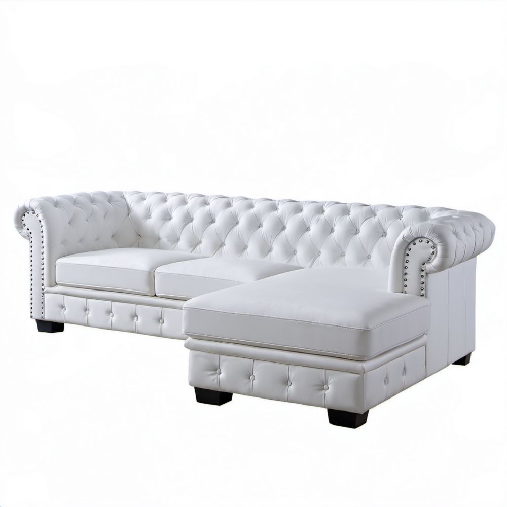 Sofa narożna Chesterfield z szezlongiem, biała, ze skóry syntetycznej PU, 199 x 142,5 x 72 cm