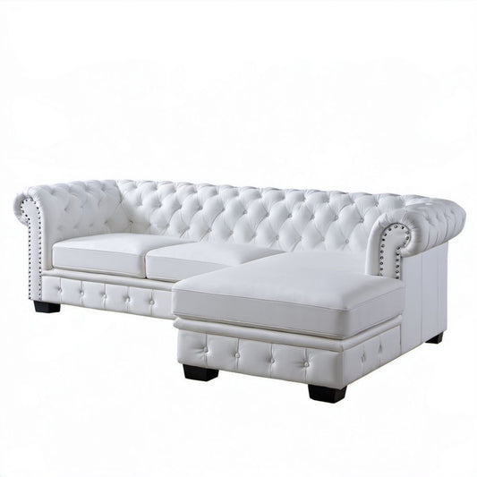 Sofa narożna Chesterfield z szezlongiem, biała, ze skóry syntetycznej PU, 199 x 142,5 x 72 cm