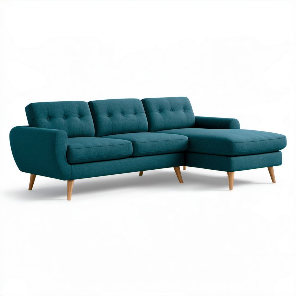 Trzyosobowa sofa narożna z prawostronnym szezlongiem, tkaninowa, turkusowa, 250 x 160 x 84 cm