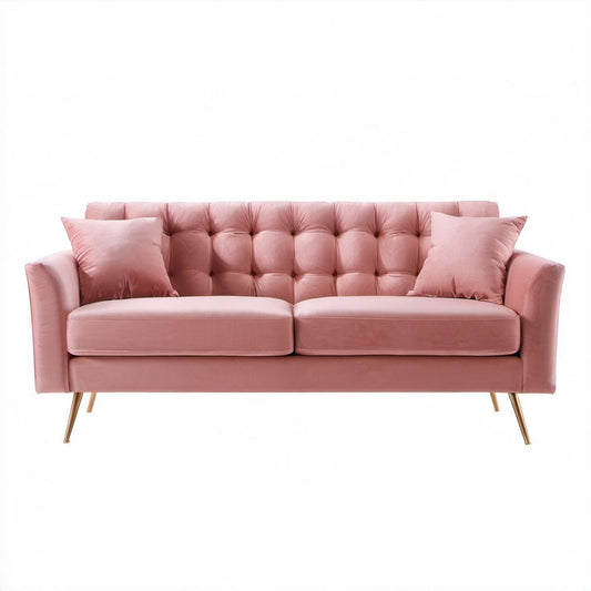 Trzyosobowa sofa aksamitna różowa ze złotymi metalowymi nogami 200 x 85 x 90 cm